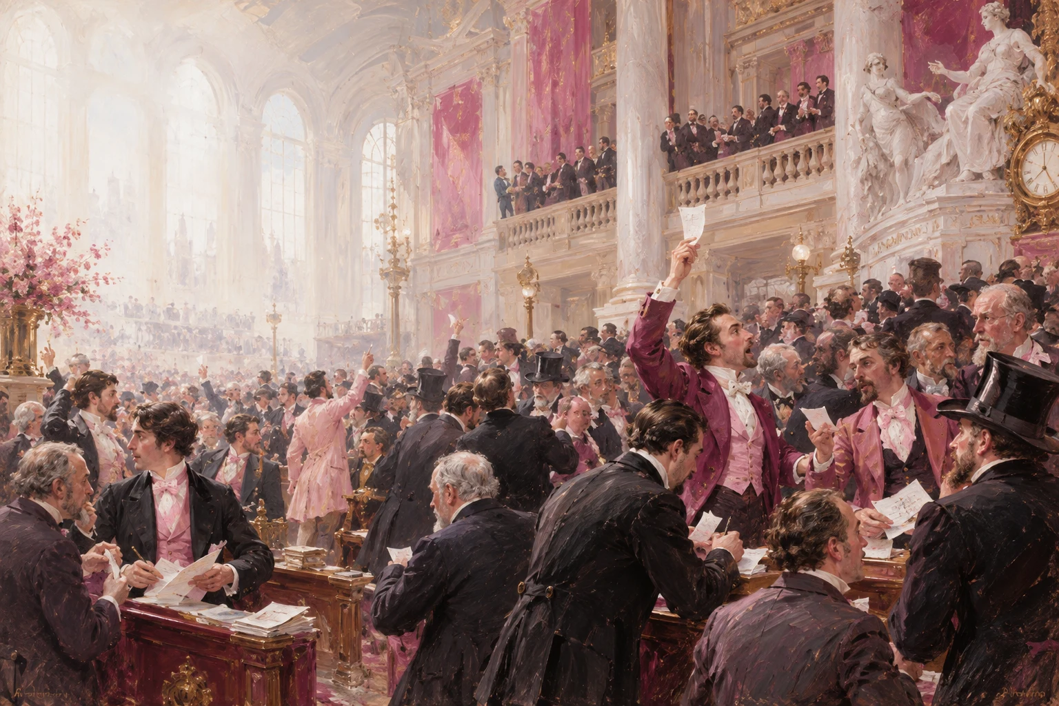 Oil painting of a grand, crowded historical stock exchange