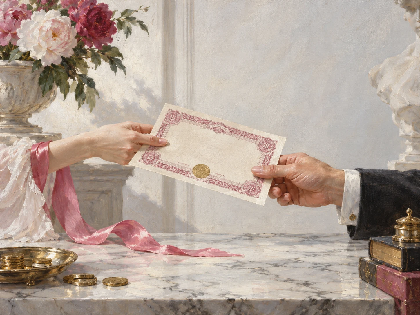 Oil painting of hands exchanging a stock certificate